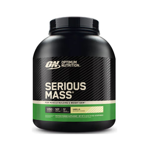Optimum Nutrition Serious Mass vanilla flavor protein powder in a 12.6 lb black tub with a green and white label.