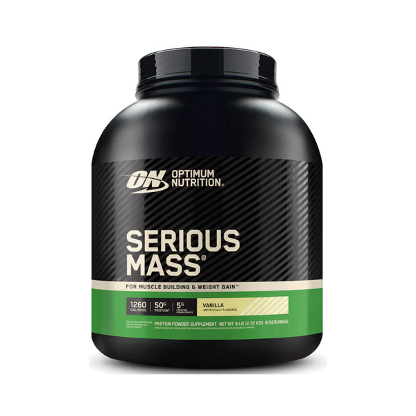 Optimum Nutrition Serious Mass vanilla flavor protein powder in a 12.6 lb black tub with a green and white label.