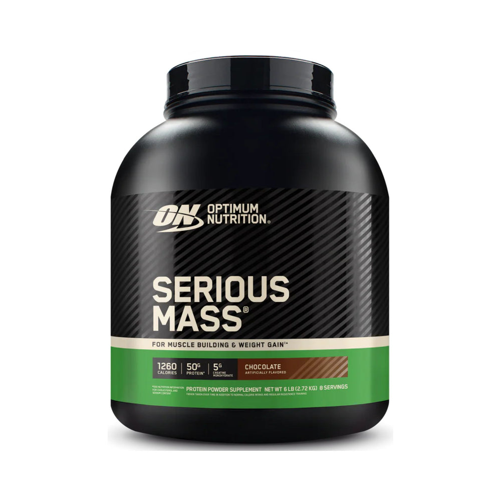 Optimum Nutrition Serious Mass chocolate flavor protein powder in a large black tub with a black and green label, shown on a white background.