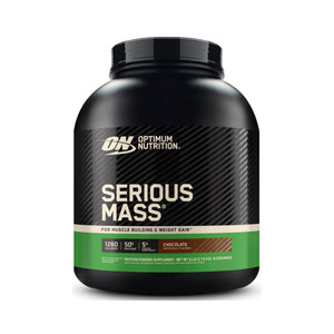 Optimum Nutrition Serious Mass chocolate flavor protein powder in a large black tub with a black and green label, shown on a white background.