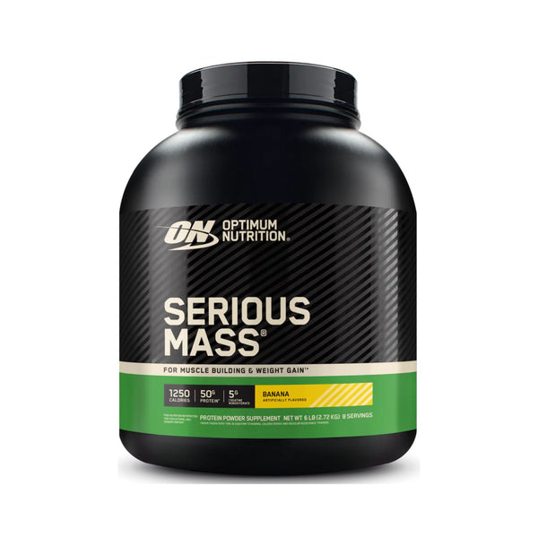 Optimum Nutrition Serious Mass banana flavor protein powder in a large black tub with a black, white, and green label, shown on a white background.