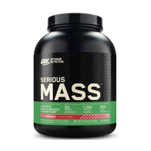 Optimum Nutrition Serious Mass protein powder in a black plastic tub with a black label featuring white and green text, on a white background.