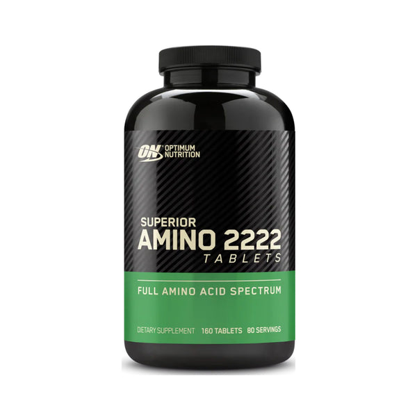 A black plastic bottle of Optimum Nutrition Superior Amino 2222 Tablets, featuring a black and green label with white text, set against a plain white background.