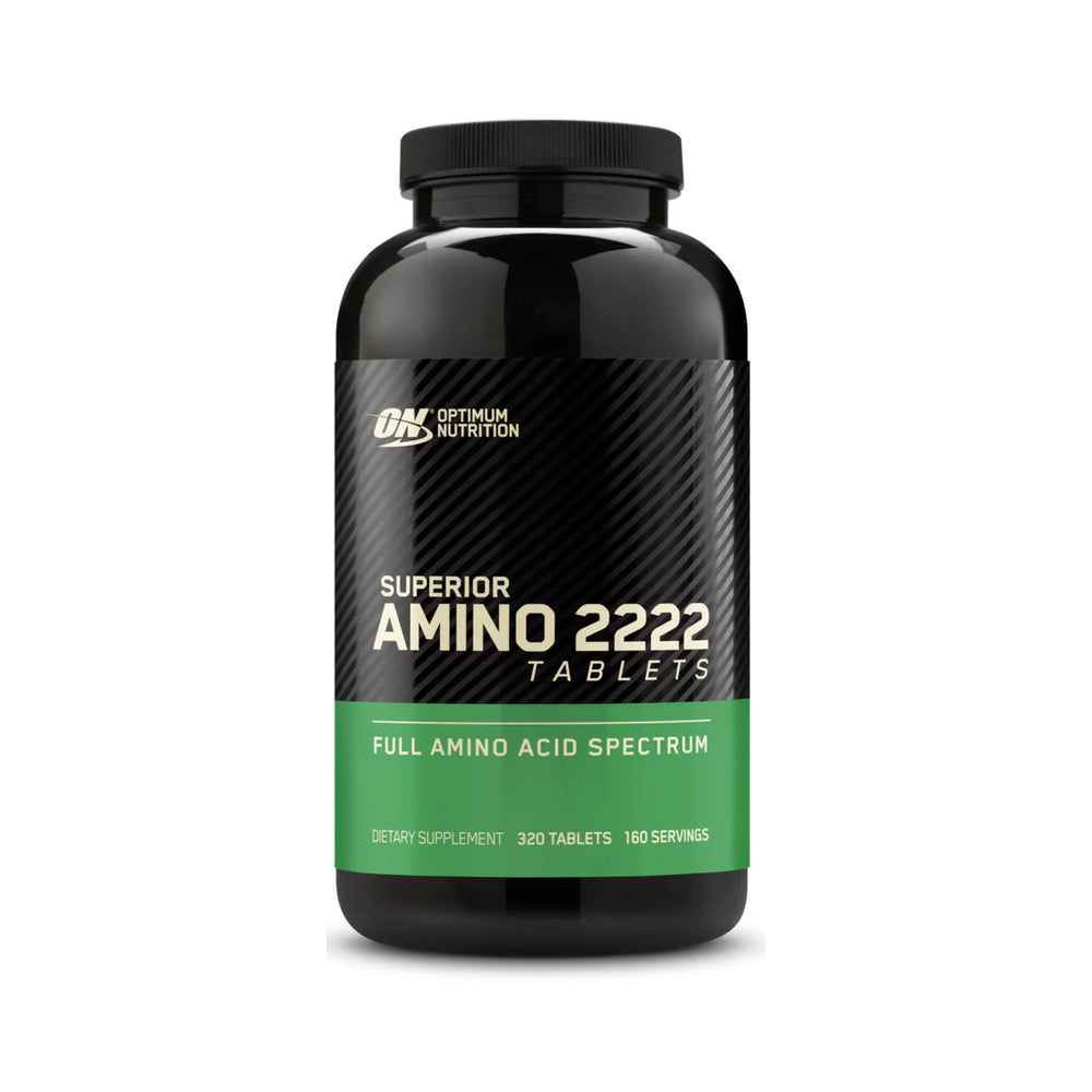 A black plastic bottle of Optimum Nutrition Superior Amino 2222 Tablets, featuring a black and green label with white text, set against a plain white background.
