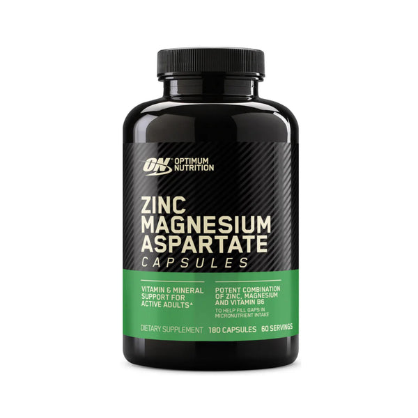 A black bottle of Optimum Nutrition Zinc Magnesium Aspartate dietary supplement with a black and green label, on a plain white background.