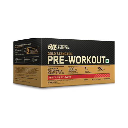 A box of On Nutrition Optimum Nutrition Gold Standard Pre-Workout in Fruit Punch Flavour, shown on a clean white background.