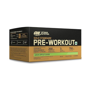 Optimum Nutrition Gold Standard Pre-Workout Green Apple Flavor in a 12-count box, displayed on a clean white background.