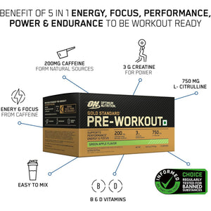 A product infographic for Optimum Nutrition Pre-Workout in Green Apple Flavor. The image features a central box of the pre-workout supplement surrounded by callout lines pointing to key ingredients and benefits, including 5 in 1 energy, focus, performance, power, and endurance, 200mg caffeine, 3g creatine, 750mg L-citullrine, and B6 and B12 vitamins.