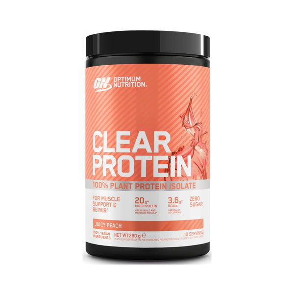Optimum Nutrition Clear Protein Isolate in Juicy Peach flavor, in a 200 g tub with a black lid and a peach and white label.