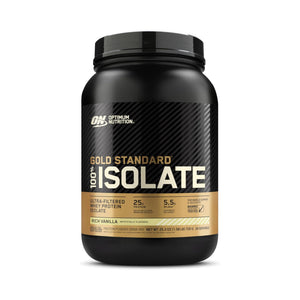 Optimum Nutrition Gold Standard 100% Isolate protein powder tub in Rich Vanilla flavor, 3,000 g container, on a white background.