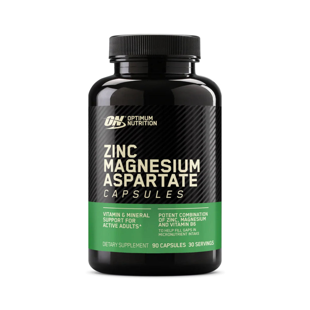 Optimum Nutrition Zinc Magnesium Aspartate Capsules in a black plastic bottle with a black and green label, on a white background.
