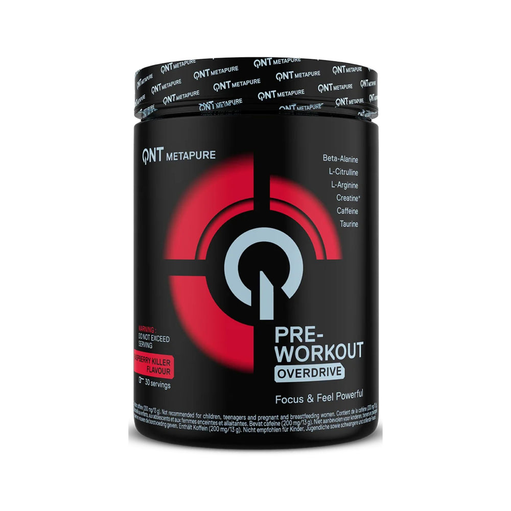 A black plastic tub of QNT Metapure Pre-Workout 'Overdrive' in Berry Killer flavor, featuring a bold red and white logo on the front label.