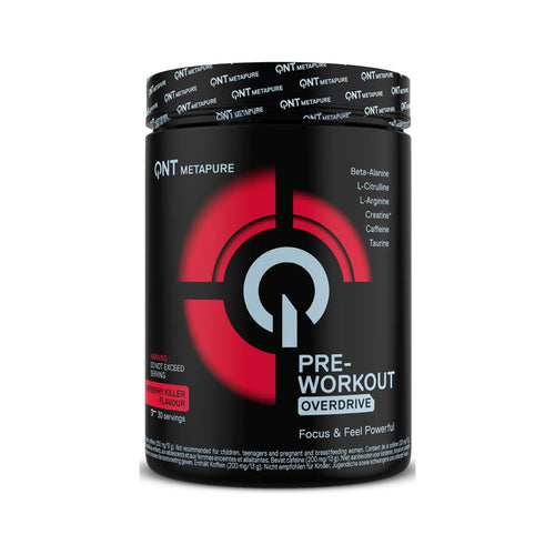 A black plastic tub of QNT Metapure Pre-Workout 'Overdrive' in Berry Killer flavor, featuring a bold red and white logo on the front label.