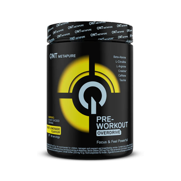 A black tub of QNT Metapure Pre-Workout Overdrive powder, featuring a bold yellow and white circular logo on the front label, with a matching black lid sealed in a branded tape.