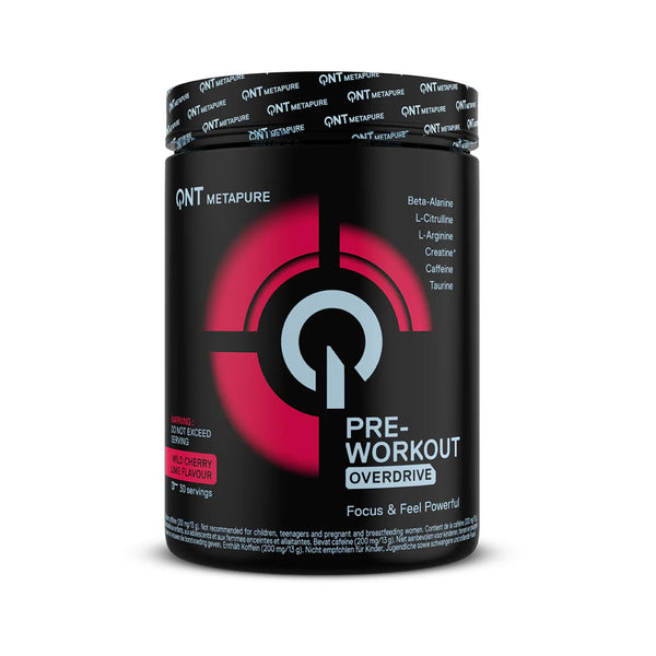 A black tub of QNT Metapure Pre-Workout Overdrive in Raspberry Menthol flavor, featuring a bold red and white logo on the front label.