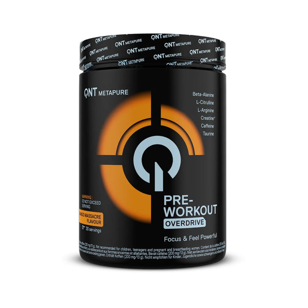 A black tub of QNT Metapure Pre-Workout 'Overdrive' in mango sauce flavor, featuring a bold orange and white logo design on the front label.