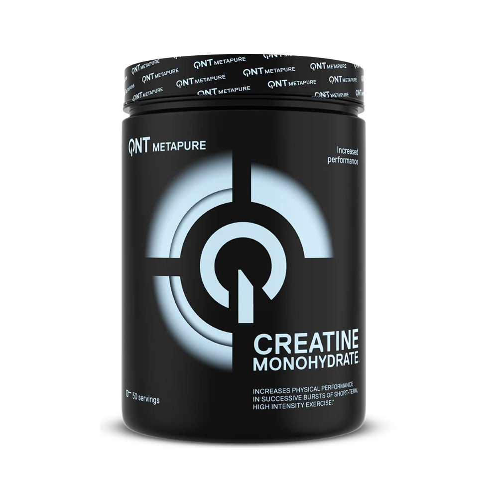 A black plastic tub of QNT Metapure Creatine Monohydrate powder with a black lid, featuring a white and light blue target logo on the front, set against a plain white background.