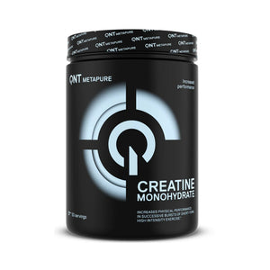 A black plastic tub of QNT Metapure Creatine Monohydrate powder with a black lid, featuring a white and light blue target logo on the front, set against a plain white background.