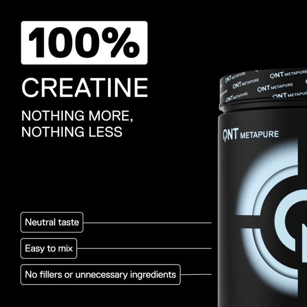 QNT Metapure creatine supplement container with text on a black background