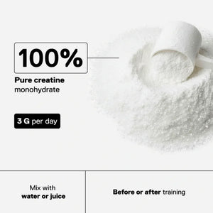 White powder with a scoop and text about 100% pure creatine monohydrate, 3G per day, and usage instructions.