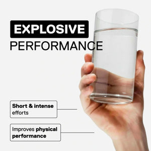 Hand holding a glass of water with text about explosive performance and physical improvement.