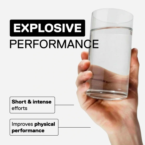 Hand holding a glass of water with text about explosive performance and physical improvement.