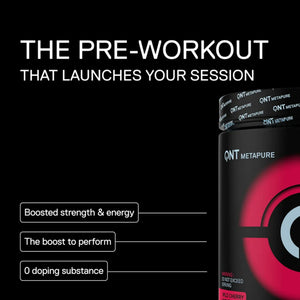 A black pre-workout supplement bottle labeled QNT METAPURE on a black background, with large white marketing text reading 'THE PRE-WORKOUT THAT LAUNCHES YOUR SESSION' and feature callouts about boosted strength and energy.