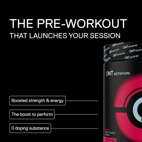 A black pre-workout supplement bottle labeled QNT METAPURE on a black background, with large white marketing text reading 'THE PRE-WORKOUT THAT LAUNCHES YOUR SESSION' and feature callouts about boosted strength and energy.