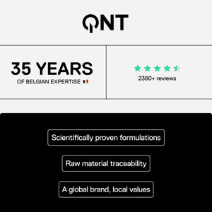 QNT brand logo with text about 35 years of Belgian expertise, 2400+ reviews, scientifically proven formulations, raw material traceability, and global brand with local values.