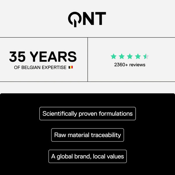 QNT brand logo with text about 35 years of Belgian expertise, 2400+ reviews, scientifically proven formulations, raw material traceability, and global brand with local values.