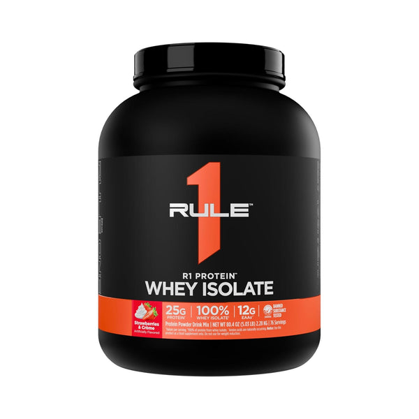 A black tub of Rule 1 Protein Whey Isolate powder, featuring a black label with a prominent orange number 1 and flavor details for Strawberry.