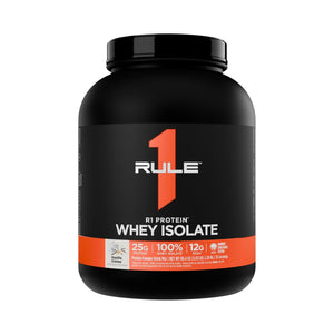 A black tub of Rule 1 Whey Isolate protein powder on a plain white background. The label features a large orange number 1, white text, and an orange band at the bottom.