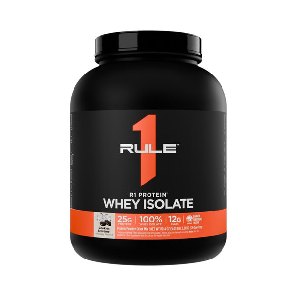 A black plastic tub of Rule 1 Protein Whey Isolate powder with a black label featuring a large orange number 1 and white and orange text, on a plain white background.