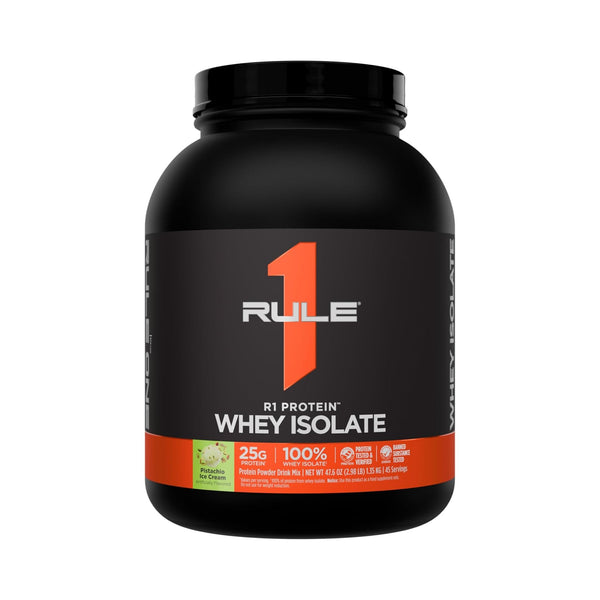 A black plastic tub of Rule 1 Protein Whey Isolate powder, featuring a black label with a large orange number 1 and white text, on a solid white background.