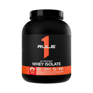 A black tub of Rule 1 Protein Whey Isolate in strawberry flavor, featuring a black label with a prominent orange number 1 and orange and white text, on a solid white background.