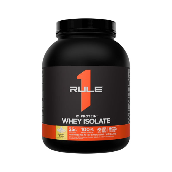 A black tub of Rule 1 Protein Whey Isolate in vanilla flavor, featuring a black label with a prominent orange number 1 and white text, set against a plain white background.