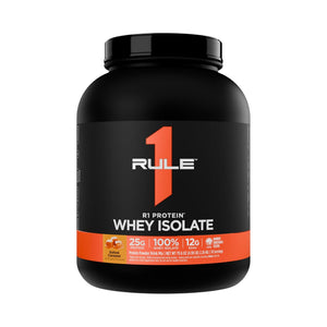 A black tub of Rule 1 Whey Isolate protein powder with a black label featuring a large orange number 1 and white text, on a plain white background.