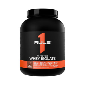 A black tub of Rule 1 Protein Whey Isolate in Chocolate flavor, featuring a black label with a prominent orange number 1 and white text, set against a plain white background.