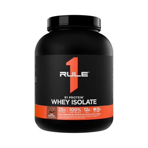 A black tub of Rule 1 Protein Whey Isolate in Chocolate flavor, featuring a black label with a prominent orange number 1 and white text, set against a plain white background.