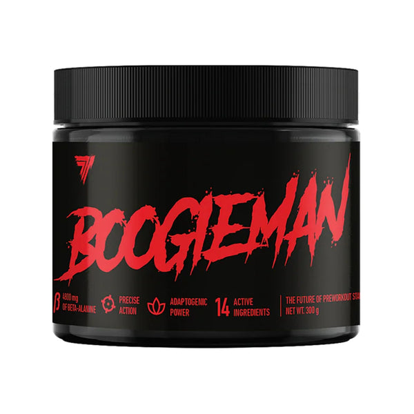 A black plastic tub of BoogieMan pre-workout supplement with a black ribbed lid, featuring a bold red logo and text on the label, set against a plain white background.