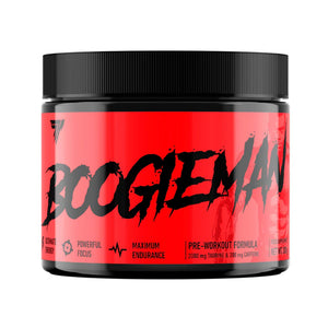 A black plastic tub of BoogieMan pre-workout formula with a bright red label and black lid, shown on a plain white background.