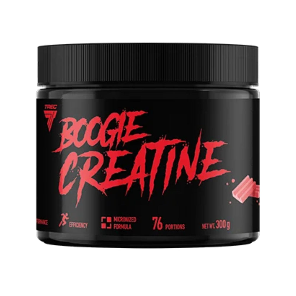 A black plastic tub of Tricor Boogie Creatine with a black screw-on lid, featuring bold red text on the label, set against a plain white background.