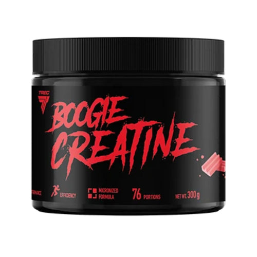 A black plastic tub of Tricor Boogie Creatine with a black screw-on lid, featuring bold red text on the label, set against a plain white background.