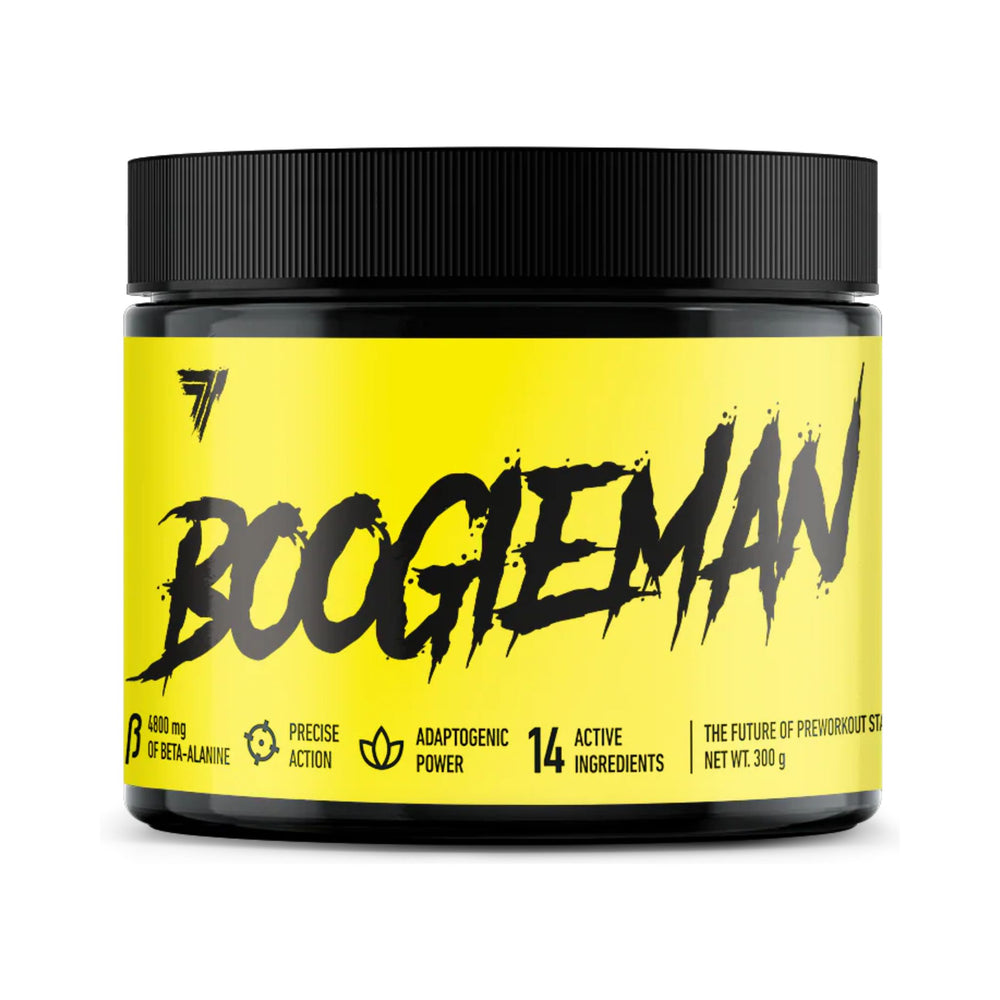 A black plastic tub of Boogieman pre-workout supplement with a bright yellow label and black lid, shown on a plain white background.