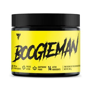 A black plastic tub of Boogieman pre-workout supplement with a bright yellow label and black lid, shown on a plain white background.