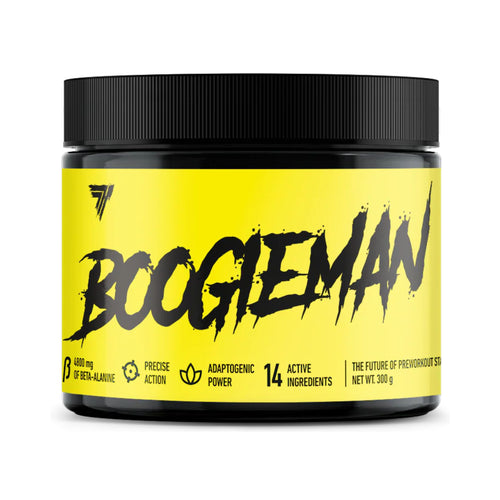 A black plastic tub of Boogieman pre-workout supplement with a bright yellow label and black lid, shown on a plain white background.