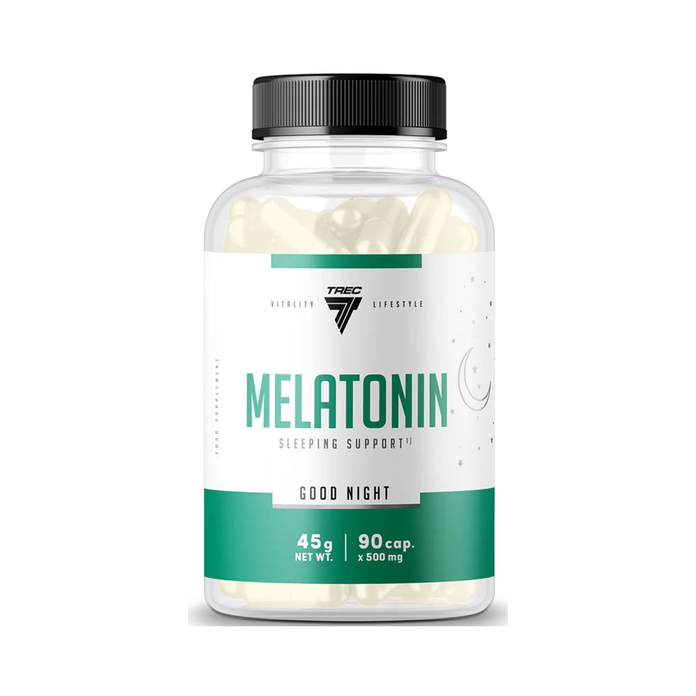 A bottle of TREEC Lifestyle Melatonin sleeping support capsules, featuring a white label with green accents and a black cap, containing 90 capsules.