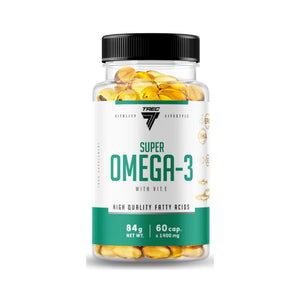 A clear supplement bottle of TREC Super Omega-3 with a black cap and a white label with green text, filled with yellow softgel capsules, on a white background.