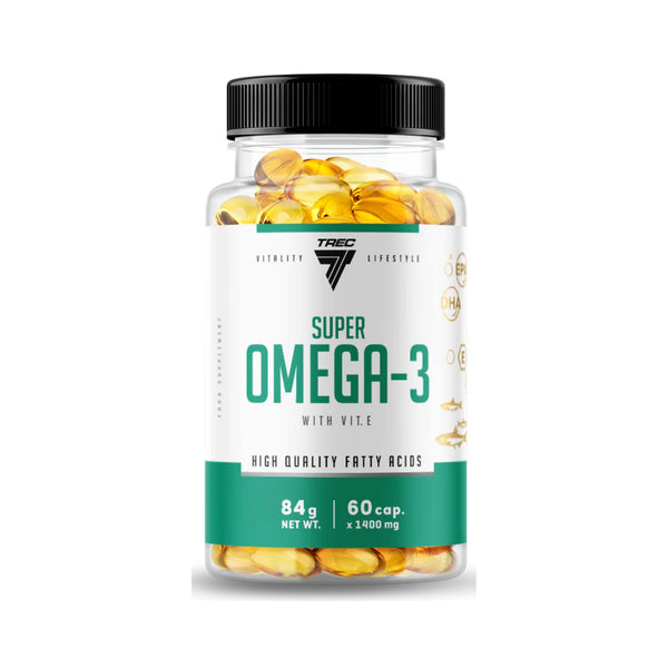A clear supplement bottle of TREC Super Omega-3 with a black cap and a white label with green text, filled with yellow softgel capsules, on a white background.