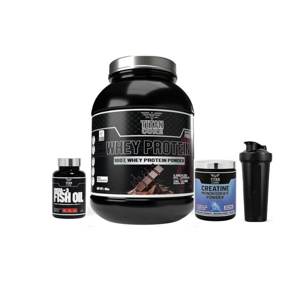 Titan core whey protein 1.8kg+ titan core creatine monohydrate 300g+titan core omega-3 free shaker